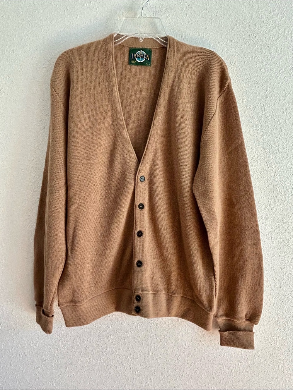Vintage Jantzen Cardigan Sweater Men's Size L Camel Brown Button V-Neck Grandpa
